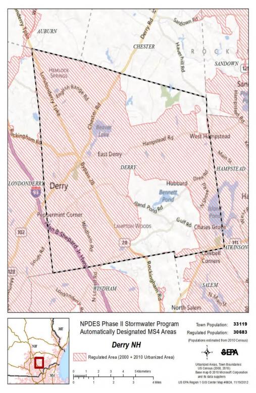 EPA Designated MS4 Areas in Derry, NH shown as red crosshatched area
