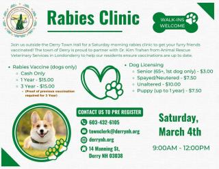 Rabies Clinic on March 4th 2023 at Derry Municipal Center